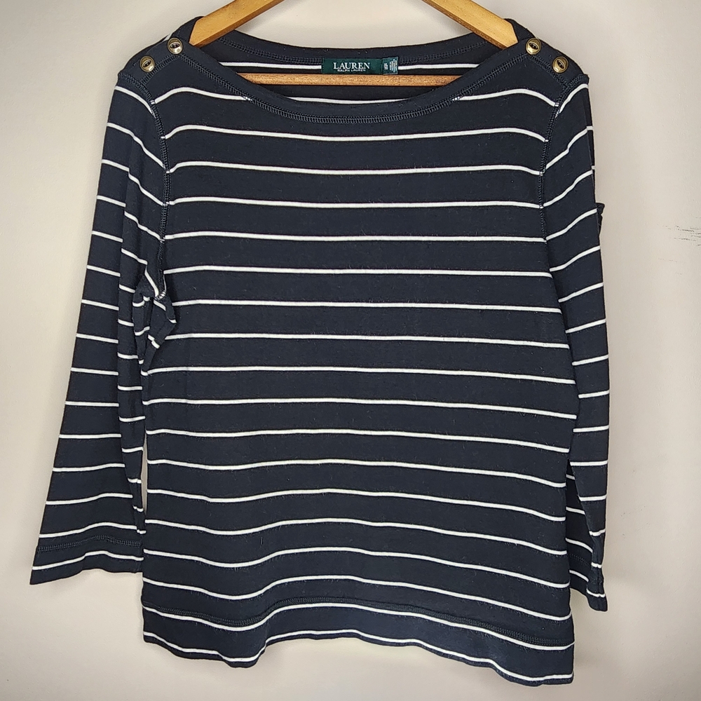 Lauren Ralph Lauren short-sleeve top in navy blue with white pinstripes